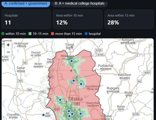 Coverage map: green within 15 minutes of a confirmed or government emergency department, red beyond